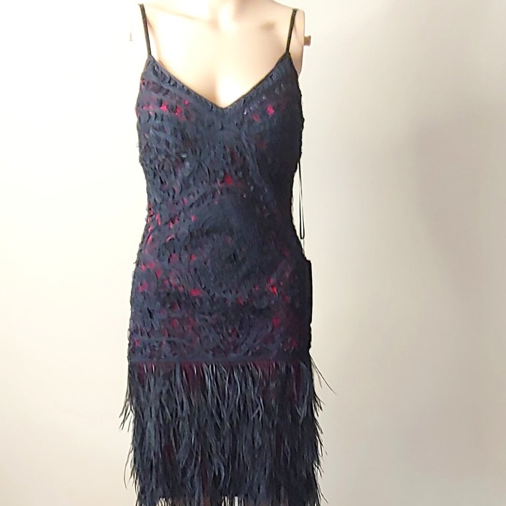 NWT Sue Wong Cocktail Dress with Feather Skirt